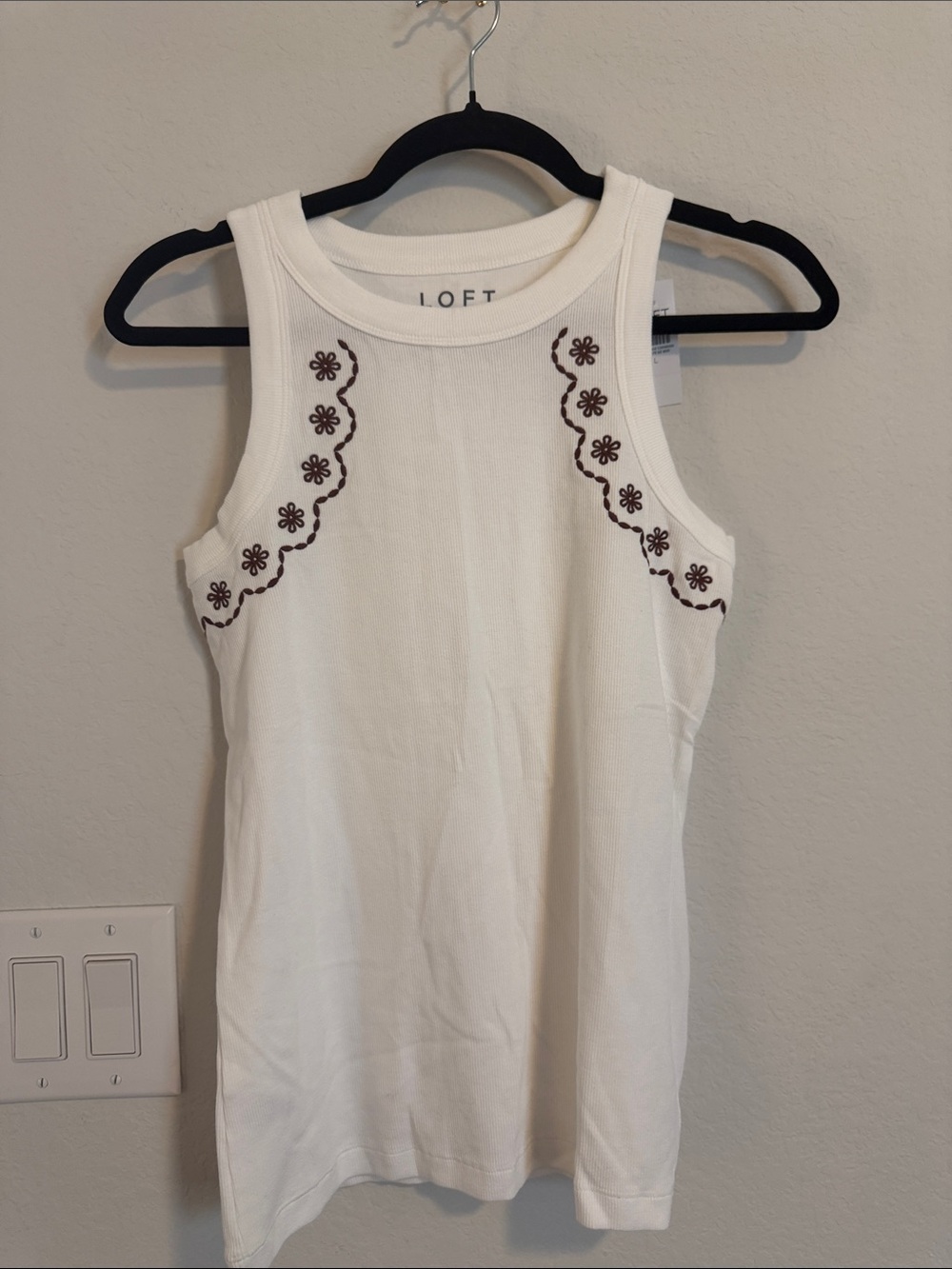LOFT Cream Tank Top with Brown Floral Embroidery